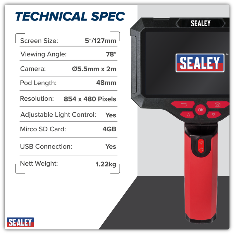 Sealey Video Borescope VS8118 5.5mm Dual Lens & 5" Screen