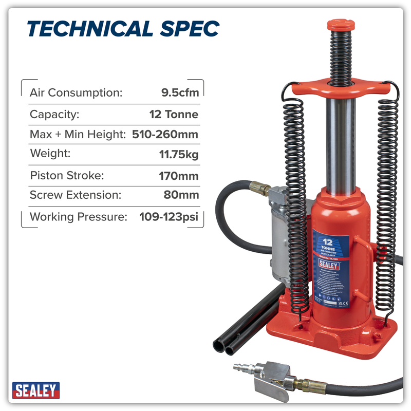 Sealey Air Operated Hydraulic Bottle Jack 12 Tonne 510mm