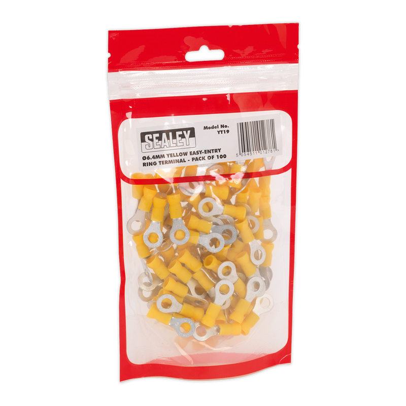 Sealey Easy-Entry Ring Terminal 6.4mm Yellow Pack of 100