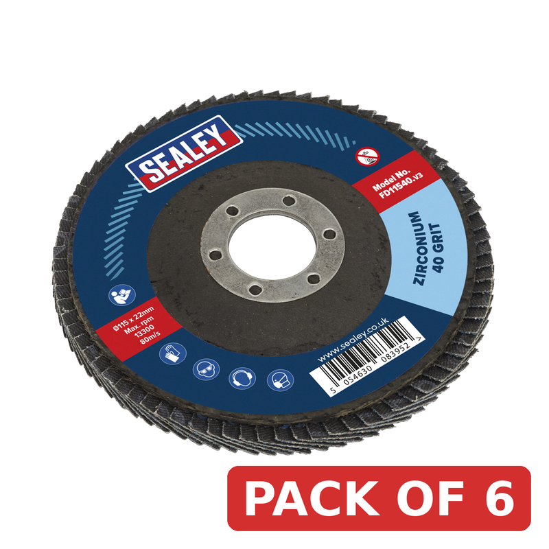 Sealey Flap Disc 115mm Zirconium 40 Grit Ø22mm Bore