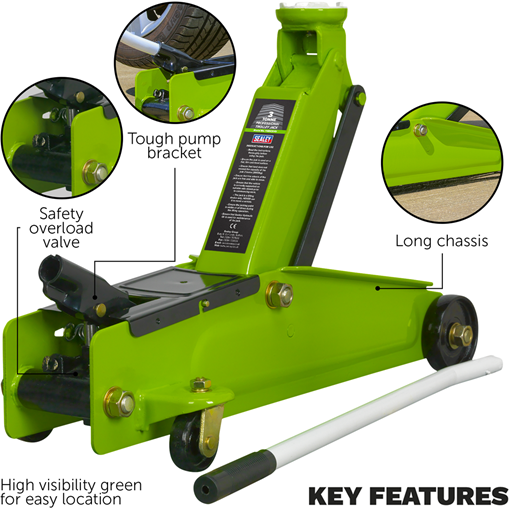 Sealey Trolley Jack 3 Tonne Long Reach Heavy-Duty Hi-Vis 1153CXHV Sealey  - Town Parts