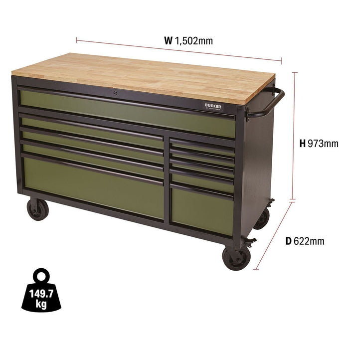 Draper BUNKER Workbench Roller Tool Cabinet, 10 Drawer, 56", Green 08236 Draper  - Town Parts